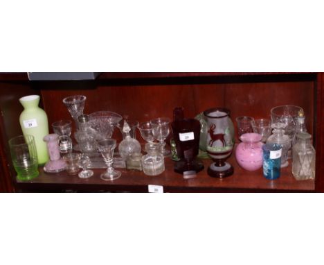 Four wine glasses with ruby bowls, two similar with green bowls, a "Mary Gregory" souvenir glass beaker and other decorative 