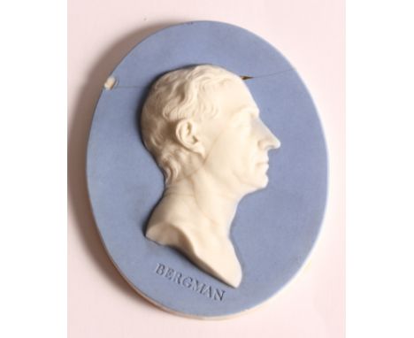 An 18th Century Wedgwood experimental dipped jasper portrait medallion of Tobern Bergman after Johan Tobias, inscribed verso 