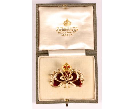 A 15ct gold seed pearl and enamel King George V brooch, in original box, retailed by J W Benson Ltd 