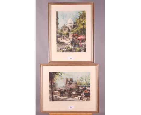 An early 19th Century hand-coloured engraving, Dutch harbour scene, an aquatint, Parisian south bank scene, a similar print, 