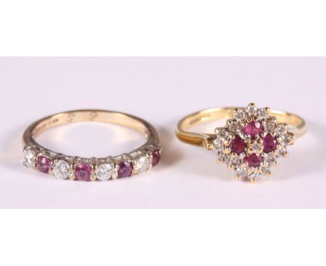 An 18ct gold, diamond and ruby cluster ring, size P, and a 9ct gold, diamond and ruby eight stone dress ring, size R 