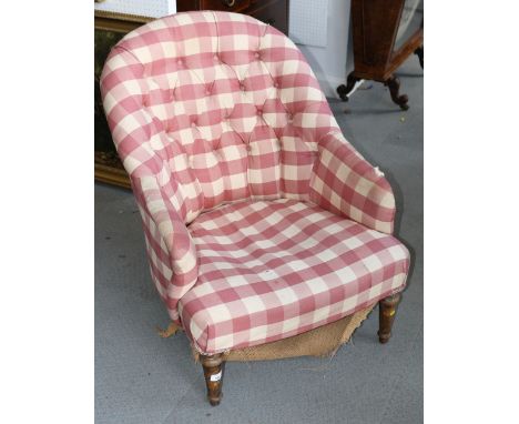 A button back low armchair, upholstered in a pink and white check (for re-upholstery) 