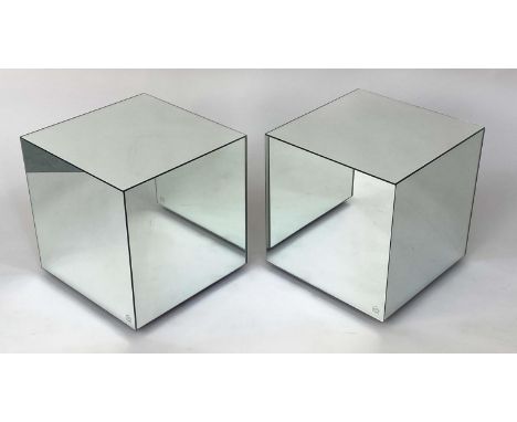CUBE LAMP TABLES, a pair, mirror clad, 40cm x 40cm x 42cm H. (2) 