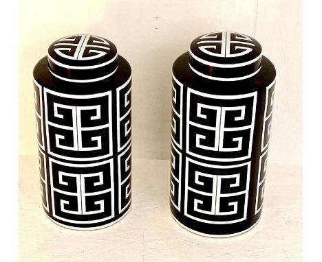 GINGER JARS, a pair, 40cm H x 20cm diam., glazed ceramic with geometric print. (2) 