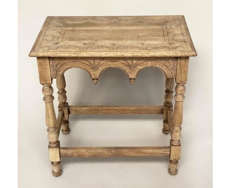 LAMP/CENTRE TABLE, early 20th century oak rectangular with Gothic carrying and stretchered support, 69cm x 43cm x 70cm H.