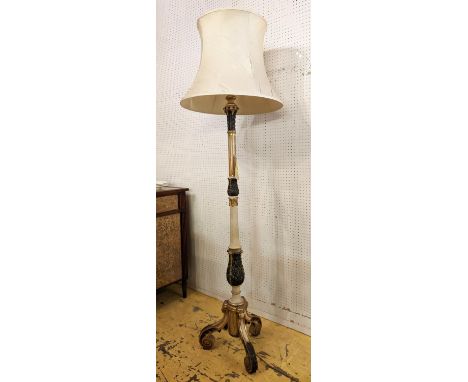 STANDARD LAMP, 187cm H cream and gilt on tripod supports. 