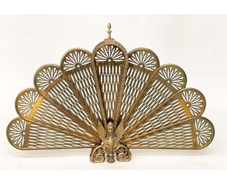 'FAN' FIREGUARD, 19th century style pierced brass foldout with winged griffin centre, 63cm H x 88cm W extended. 