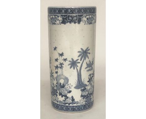 STICK STAND, Chinese blue and white ceramic cylindrical with figures and palm trees, 45cm H. 