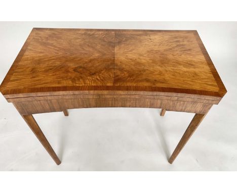 ART DECO CARD TABLE, concave figured walnut with quarter veneered baize lined foldover top, 83cm W x 45cm D x 74cm H. 