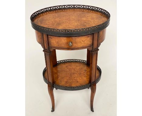 THEODORE ALEXANDER LAMP TABLE, oval French style burr walnut and metal mounted with gallery, drawer and undertier, 44cm x 31c