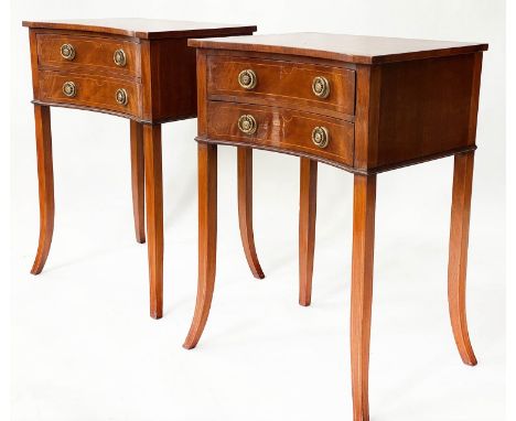 LAMP TABLES, a pair, George III design flame mahogany each concave with two drawers and swept supports, 36cm x 46cm x 66cm H.