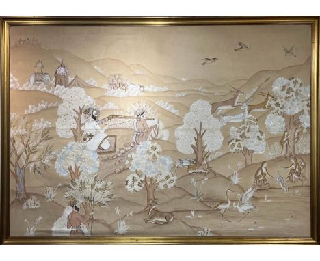 INDIAN SCHOOL, 'Hunting scene', gouache on silk, 137cm x 201cm, framed. 