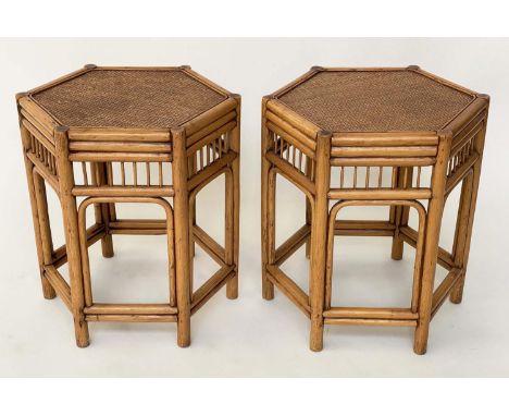 LAMP TABLES, a pair, 1950's hexagonal bamboo and cane panelled, 46cm x 51cm H. (2) 