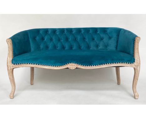 SOFA, French style lined oak with deep button and studded ocean blue velvet upholstery, 137cm W. 