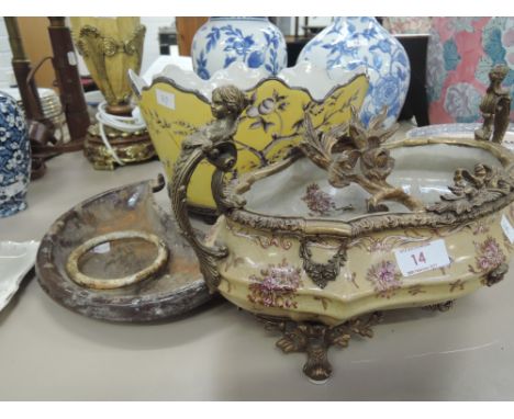 A metal based planter with yellow floral top and shallow planter with gilt handles and frame etc