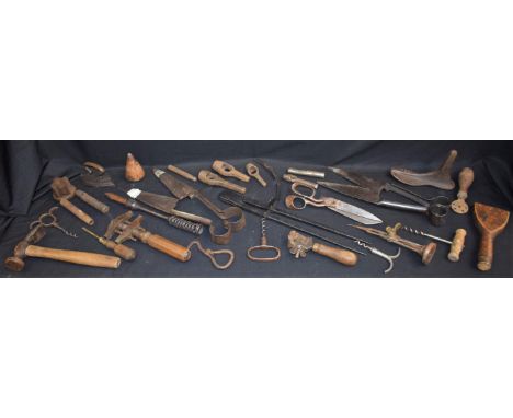 Tools - late 19th century steel and others, shears, calipers, gauges, cobbling iron, corkscrews; qty