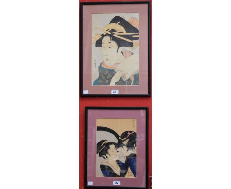 Utamaro, after, The Looking Glass, woodblock print, 30cm x 20cm; another, Japanese Lady, woodblock print, 37cm x 24cm (2)