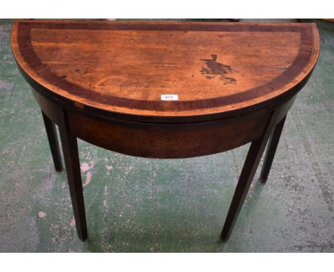 A George III crossbanded mahogany card table, the hinged top enclosing a baize lined playing surface, tapered square legs, 86