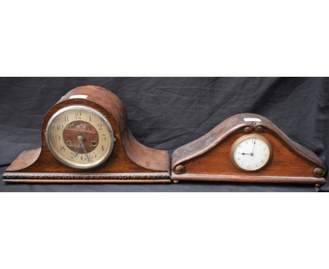 Clocks - a Victorian oak mantel clock, white enamel dial, c.1890; another, Coronet (2) 