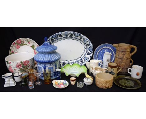 Ceramics and Glass - a Staffordshire Royal Kent pattern part tea set; a large blue and white jar and cover, modelled as a pag