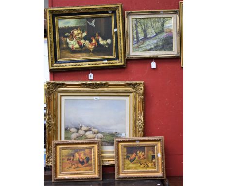 F HamiltonA pair, Hens and Cockerelssigned, oils on board; other paintings and prints, including Canterbury Meadows, by TS Co