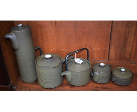 A Denby Pottery Chevron pattern tall coffee pot, tea kettle, teapot, single handled casserole dish and cover, two handled sou