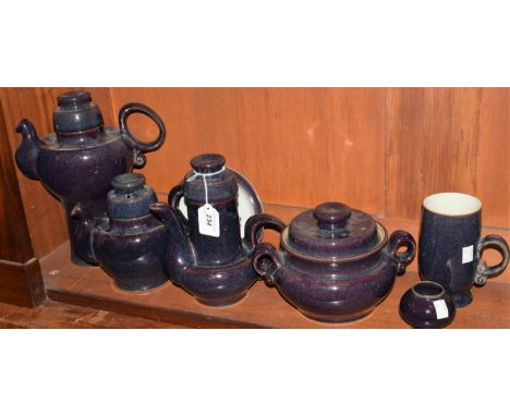 A Denby Pottery Falstaff pattern large coffee pot, another smaller, a teapot, side plate, casserole dish and cover, mug, salt