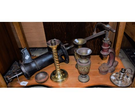 Metalware - a cast iron garden pump clamp; pair of Eastern brass vases, etc; an oak firescreen 