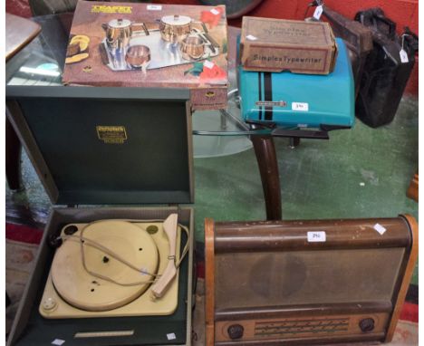 A Dansette Minor record player; a Ferguson valve radio; retro portable typewriter; stainless steel tea set, boxed; etc (5)