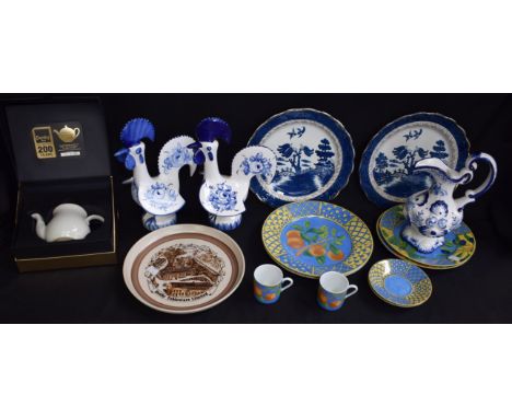 A Limoges Laure Japy, Paris pattern breakfast set for two; a Denby Linen pattern teapot, boxed; Booths Willow pattern plates;