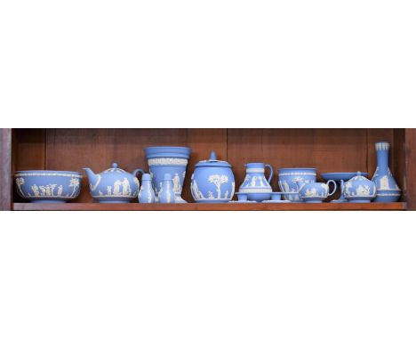 Ceramics - a Wedgwood Blue Jasperware teapot, sucrier and jug; a similar biscuit barrel; a comport; etc 