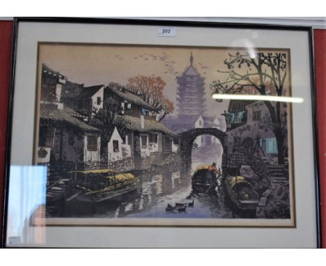 Weng Cheng-Hao, by and after, Chinese Rural scene with Pagoda, signed and numbered to margin by artist, limited edition woodb
