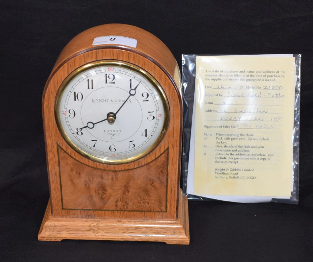 A Knight and Gibbins, London, mantel clock, golden oak and burr wood