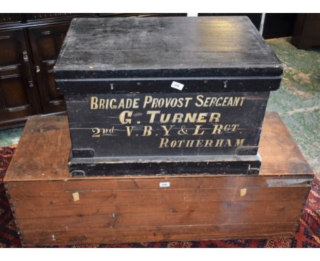 A 20th century painted pine trunk, labelled Brigade Provost Sergeant G Turner, 2nd V.B.Y &amp; L Regiment, Rotherham, carry h