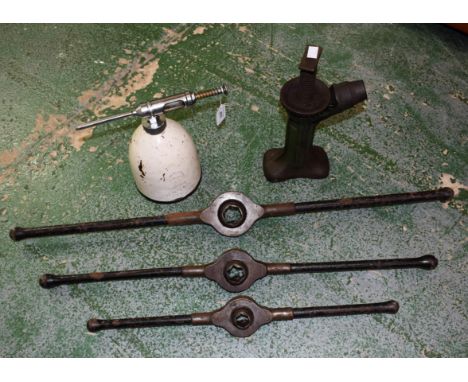 Tools - a set of three vintage pipe cutters, one inch, 3/4 inch and half inch; a Jack V821B; a Shell oil injector bottle (5) 