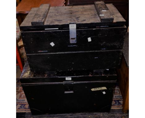 A painted tin trunk, flat top, approx 68cm wide; a painted wooden tool box, approx 61cm wide; contents including Bosch sander