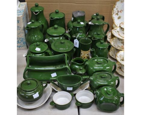 A Bourne Denby Emerald Ware coffee pot, water jugs, casserole dish and cover, plant trough, other similar Langley Mill Potter