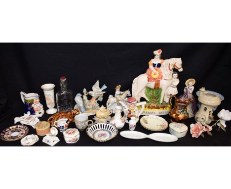 Ceramics - 19th century lustre jugs, a Staffordshire flatback; other figures; Hammersley miniatures, etc