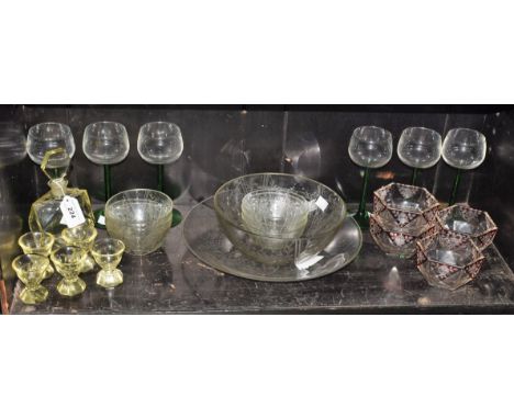 Glassware - a set of four flash cut fruit dishes; an Art Deco style lemon glass decanter and five shot glasses; an engraved g