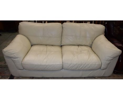 A contemporary white/cream leather sofa, chromed forefeet, 195cm wide