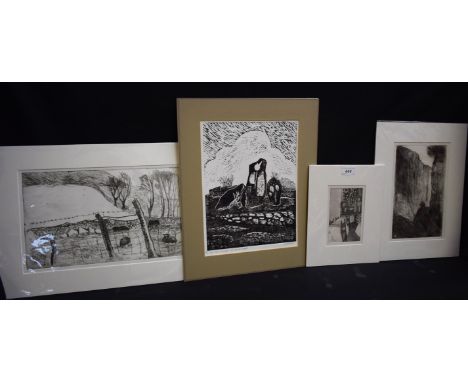 Joy Hillier (1927 - 2014), by and after, etchings, The Gorge, Welsh Lambs and Sheep, French Interior; another, lithograph (4)