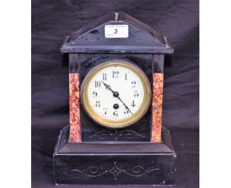A French black slate mantel clock, Arabic numerals, key and pendulum, c.1900