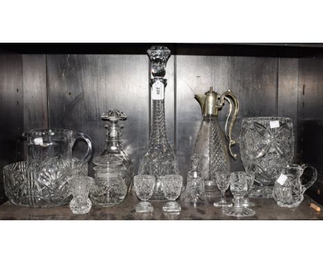 Glassware - a tall cut glass decanter and stopper; another, Victorian; other cut glass, bowl, vase, jugs; etc