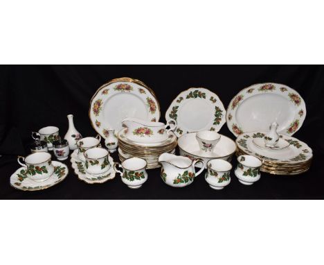 Ceramics - a Queens China Rose pattern part dinner service, including dinner plates, side plates, bowls, gravy boat, meat pla