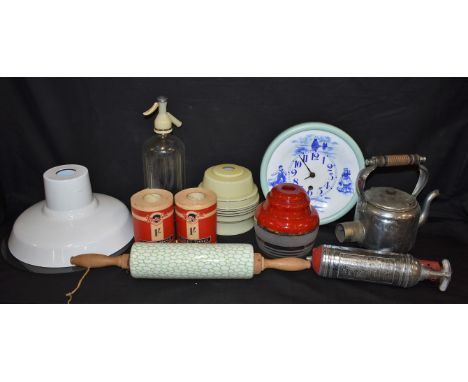 Kitchenalia - soda syphon, rolling pin, enamel clock, retro light fittings, main line toilet tissue