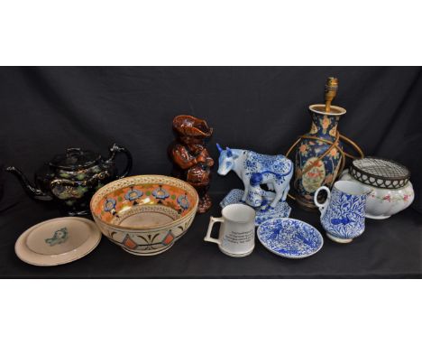 Ceramics - a Royal Crown Derby jug; an Aynsley rose bowl; a treacle glaze Toby jug; a Delft figure of a man milking a cow; a 