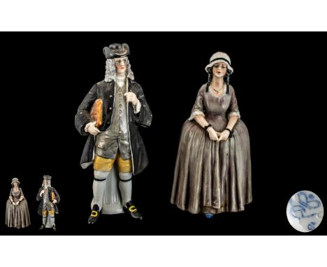 A Continental Foley China Scarce Pair of Hand Painted Porcelain Figures. c.1892. ' Gentleman and Lady ' Figures.  Stamp to Ba