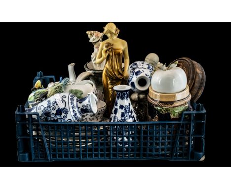 Tray of Misc Pottery Decorative Items, Consisting Vases, Figures, Tankards, Cup and Saucer, Teapot etc. Approx ( 25 ) Items. 