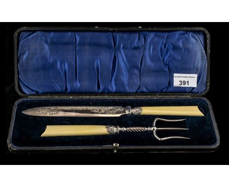 Victorian Case ( EPNS ) Bread Knife and Toast Fork, with Ivorine Handles. A/F.