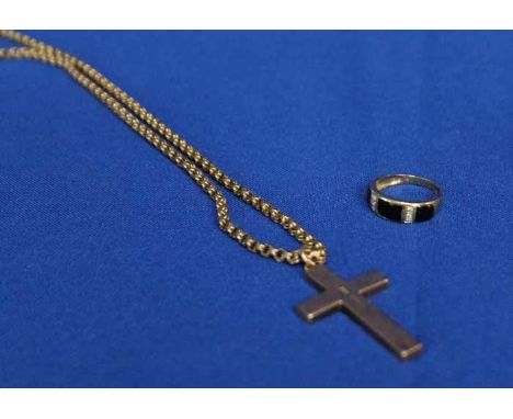 GOLD DIAMOND AND BLACK ENAMEL RING
together with a gold cross and chain, marked 375, 12g